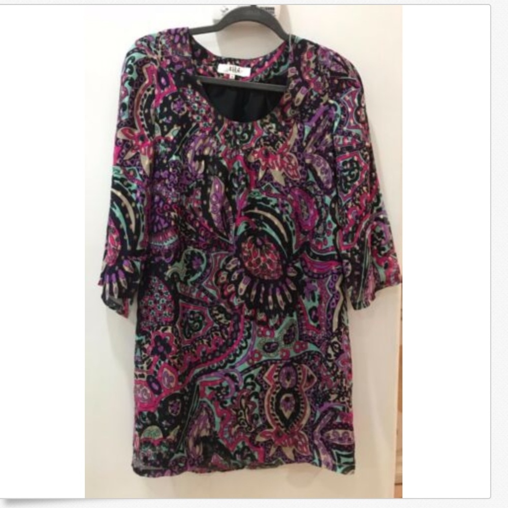 TIBI Multi-Color Print w/ Gold 3/4 Sleeve Shift S